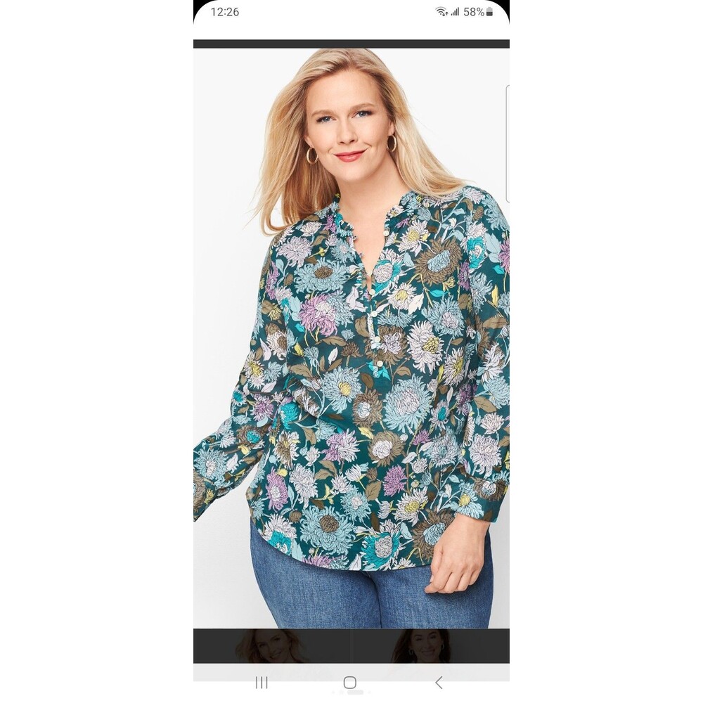 Talbots floral cotton blouse 3XP plus petite ruffle collar long sl. popover top